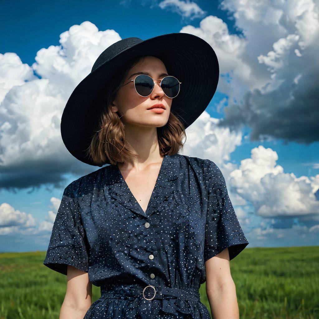 A fashion-forward individual standing under a cloudy summer sky, wearing stylish yet slightly dark-themed summer clothes with bold patterns. Incorporate bright accessories like a sunhat and sunglasses that contrast with the gloomy surroundings. Add a hint of raindrops on the ground reflecting the cloudy atmosphere. The scene should evoke a blend of happiness and sadness, capturing the essence of finding joy in melancholy. super-realistic. vibrant colors. dramatic lighting.