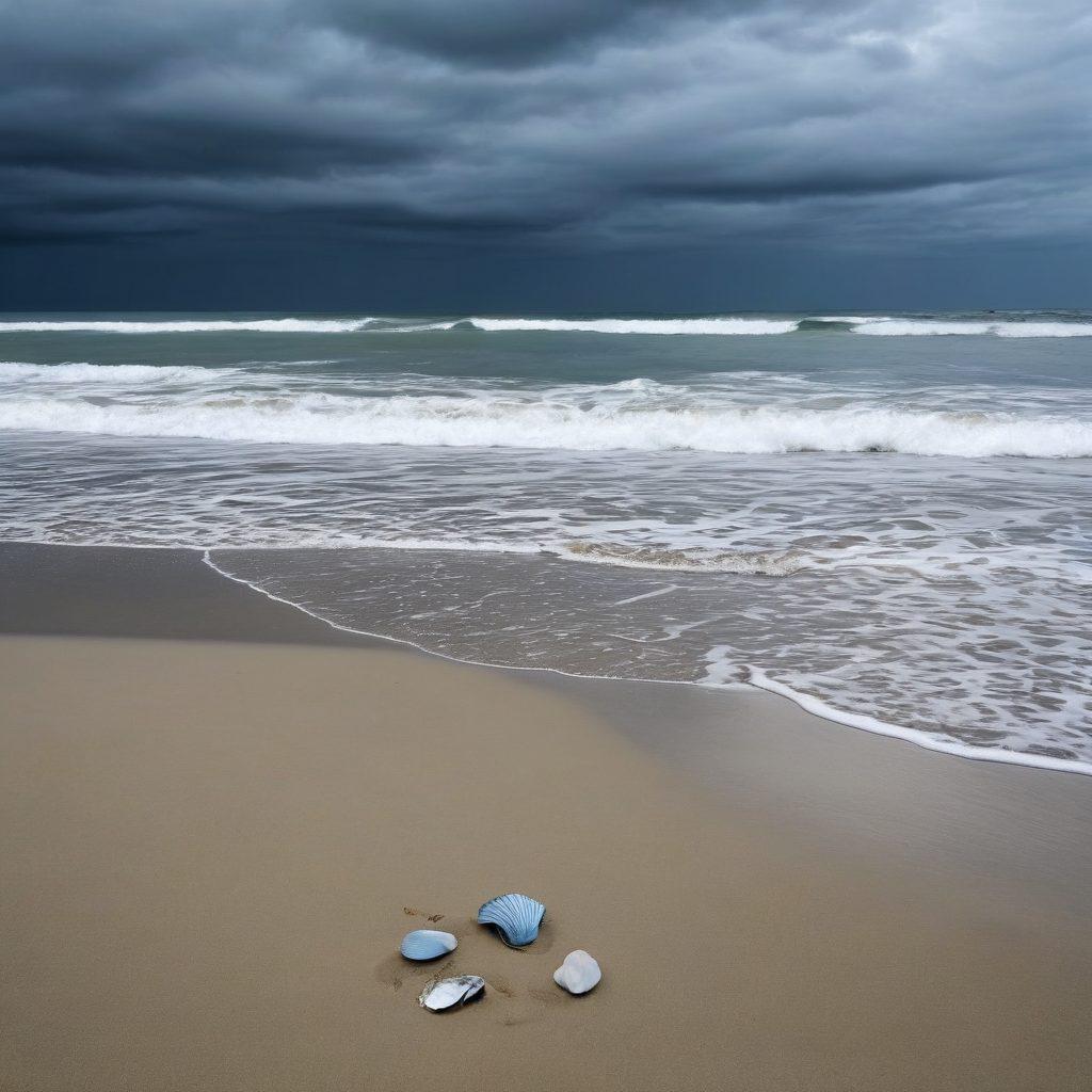 A melancholic beach scene featuring a solitary figure wearing a stylish bikini with shades of blue, standing on a sandy shoreline. The waves gently crash in the background, while soft, gray clouds hang overhead to signify sorrow. Subtle elements like a lonely seashell and footprints in the sand create a narrative of solitude. The ocean's depth reflects varying shades of blue to enhance the mood. super-realistic. vibrant colors. white background.